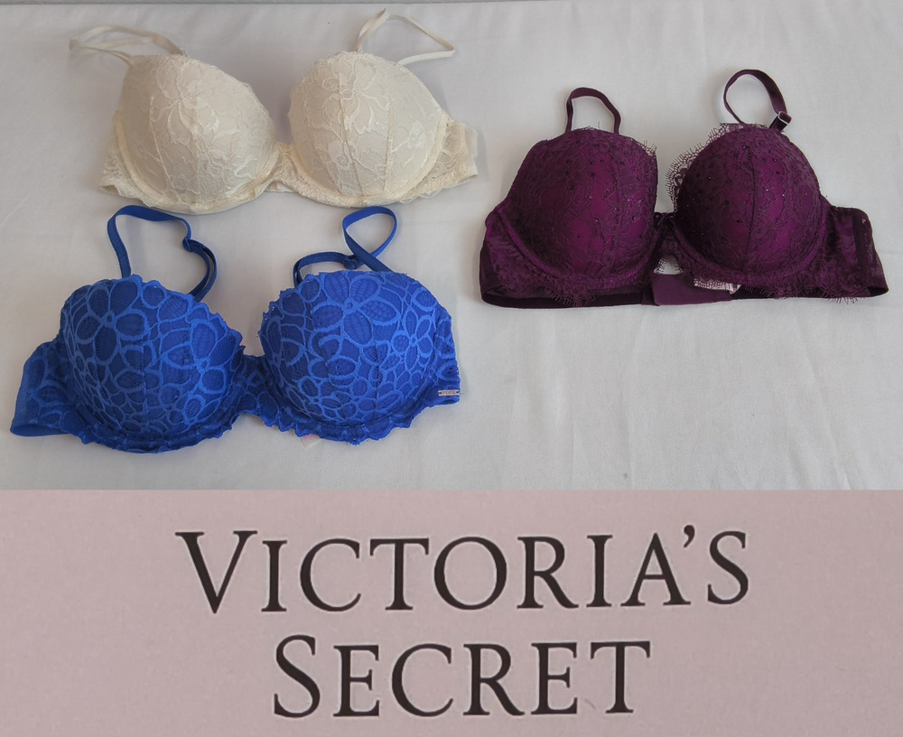 Victoria's Secret Lot of 3 Bras Size 34C Ivory Burgandy Sparkle Blue Lace #W5461